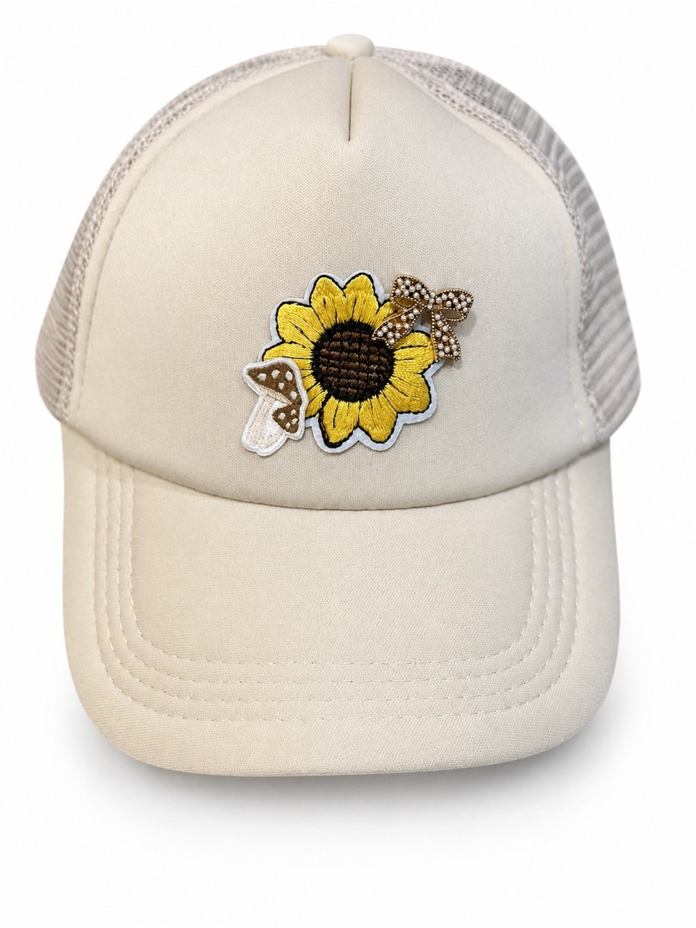 Hand Crafted Sunflower Embroidered Trucker Hat - Cream